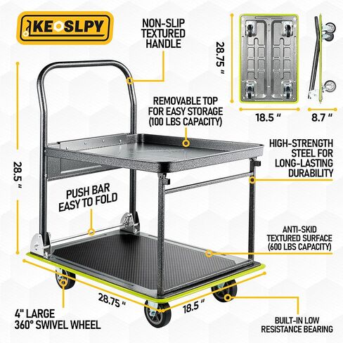 Upgraded Push Cart Dolly, 700lbs Foldable Platform Cart with Wheels, 2 Tier Heavy Duty Platform Truck, Moving Flatbed Cart for Warehouse, Garage, Workshop, Office 28.75" x 18.5" x 34" in Saudi Arabia