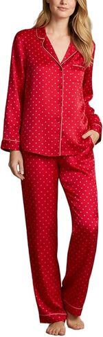 Silk Heart Dot Pajamas for Women Cute Satin Bow Print Long Sleeve Pjs Button Up Lounge Shirt Matching Pj Pants Sets in Saudi Arabia