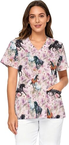 Scrub Tops Women Short Sleeve V-Neck Holiday Printed Medical Nurse Uniforms Scrub Tops Shirt with Pockets in Saudi Arabia