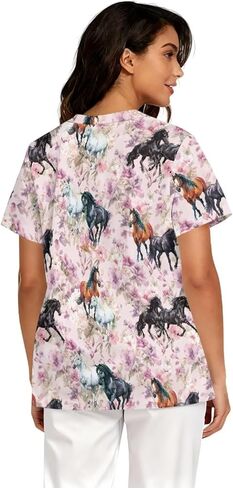 Scrub Tops Women Short Sleeve V-Neck Holiday Printed Medical Nurse Uniforms Scrub Tops Shirt with Pockets in Saudi Arabia
