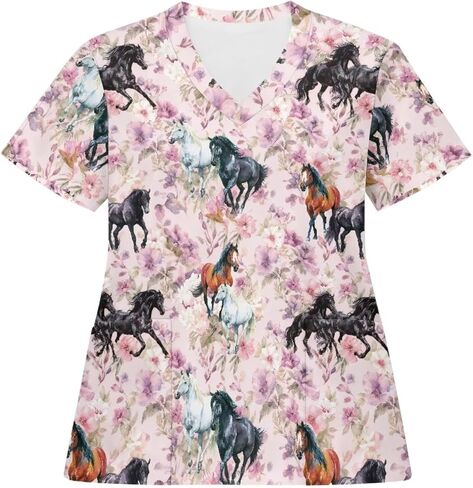 Scrub Tops Women Short Sleeve V-Neck Holiday Printed Medical Nurse Uniforms Scrub Tops Shirt with Pockets in Saudi Arabia