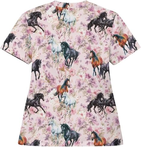 Scrub Tops Women Short Sleeve V-Neck Holiday Printed Medical Nurse Uniforms Scrub Tops Shirt with Pockets in Saudi Arabia