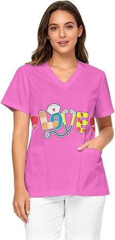 Scrub Tops Women Short Sleeve V-Neck Holiday Printed Medical Nurse Uniforms Scrub Tops Shirt with Pockets in Saudi Arabia