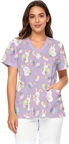 Scrub Tops Women Short Sleeve V-Neck Holiday Printed Medical Nurse Uniforms Scrub Tops Shirt with Pockets in Saudi Arabia