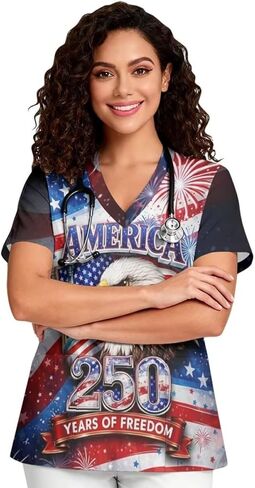Scrub Tops Women Short Sleeve V-Neck Holiday Printed Medical Nurse Uniforms Scrub Tops Shirt with Pockets in Saudi Arabia