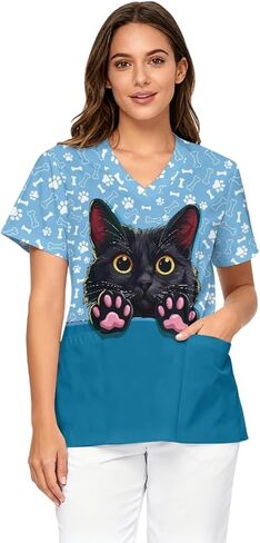 Scrub Tops Women Short Sleeve V-Neck Holiday Printed Medical Nurse Uniforms Scrub Tops Shirt with Pockets in Saudi Arabia