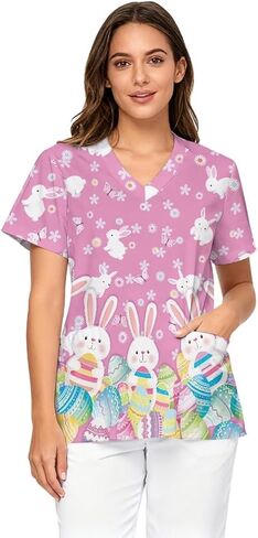 Scrub Tops Women Short Sleeve V-Neck Holiday Printed Medical Nurse Uniforms Scrub Tops Shirt with Pockets in Saudi Arabia