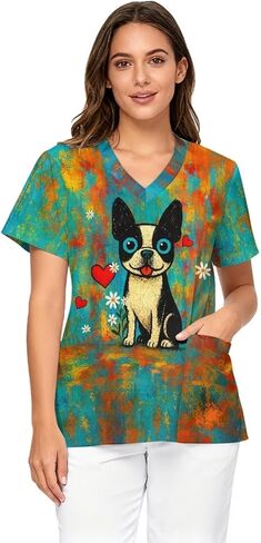 Scrub Tops Women Short Sleeve V-Neck Holiday Printed Medical Nurse Uniforms Scrub Tops Shirt with Pockets in Saudi Arabia