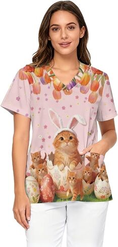Scrub Tops Women Short Sleeve V-Neck Holiday Printed Medical Nurse Uniforms Scrub Tops Shirt with Pockets in Saudi Arabia