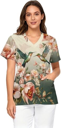 Scrub Tops Women Short Sleeve V-Neck Holiday Printed Medical Nurse Uniforms Scrub Tops Shirt with Pockets in Saudi Arabia