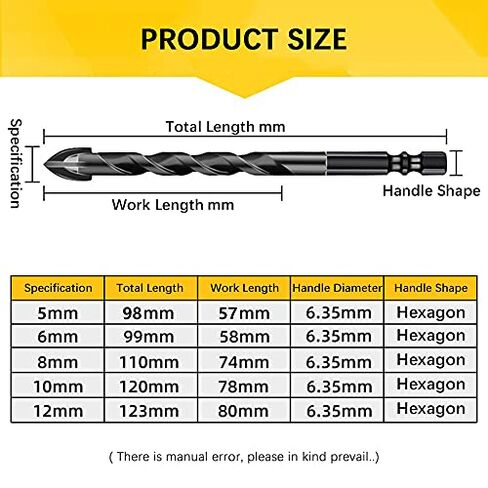Masonry Drill Bit Set, 10PCS Carbide Tip, Hex Shank for Tile, Brick, Glass, Plastic, Porcelain, Marble, Wood, Ceramic Wall, Mirror, for DIY Home Improvement, Professional in Saudi Arabia