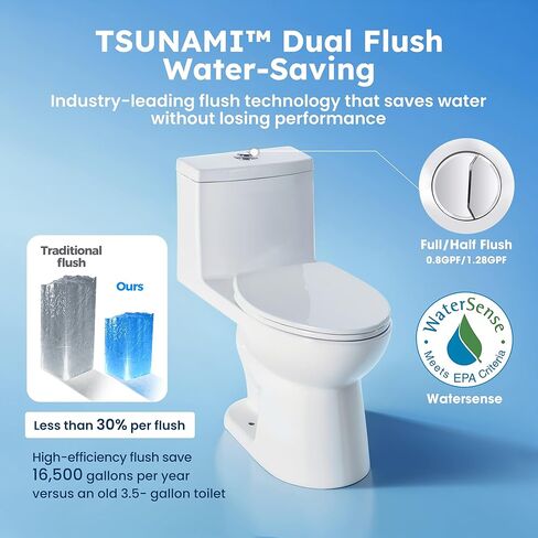 360° TSUNAMI Flush One-piece Toilet: 17.3" ADA Height, Nano Self-Cleaning, WaterSense/MAP/CUPC Certified, 0.8/1.28 Gal Dual Flush-Water saving, Elongated Bowl & Soft-Close Seat,12" Rough-In in Saudi Arabia