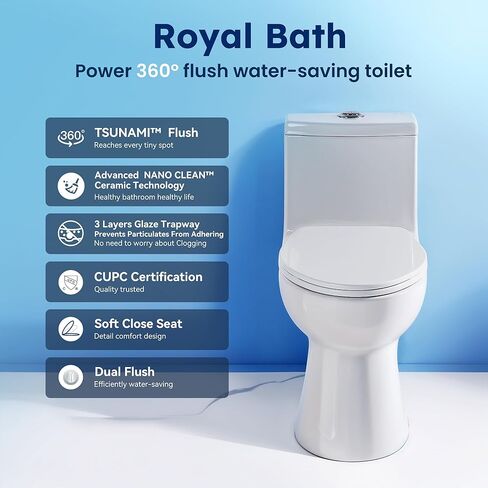 360° TSUNAMI Flush One-piece Toilet: 17.3" ADA Height, Nano Self-Cleaning, WaterSense/MAP/CUPC Certified, 0.8/1.28 Gal Dual Flush-Water saving, Elongated Bowl & Soft-Close Seat,12" Rough-In in Saudi Arabia