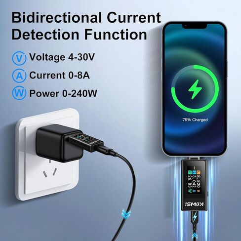جهاز اختبار عداد الطاقة USB C، كاشف شاحن سريع من النوع C مع شاشة ملونة، مقياس رقمي متعدد 360 وات 30 فولت 12 أمبير لبنك الطاقة والهاتف والكمبيوتر المحمول والشاحن واختبار الكابلات in Kuwait
