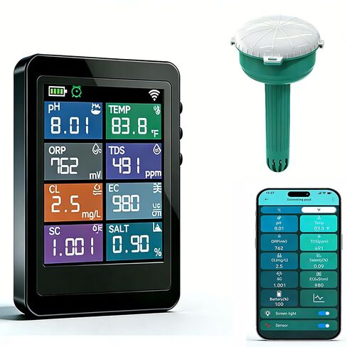 Smart Pool Water Quality Monitor, 24/7 Automatic Tester, 8-in-1 Digital pH/Chlorine/ORP/Temp/TDS/Salinity/EC/SG Detector with App Control & Custom Alerts for Pools, Hot Tubs, Spas, Aquariums, Ponds in Saudi Arabia