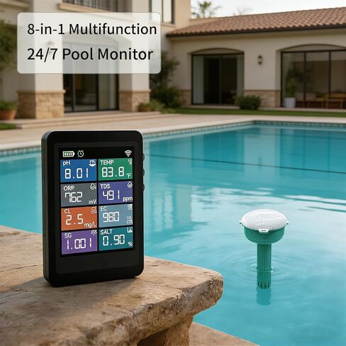 Smart Pool Water Quality Monitor, 24/7 Automatic Tester, 8-in-1 Digital pH/Chlorine/ORP/Temp/TDS/Salinity/EC/SG Detector with App Control & Custom Alerts for Pools, Hot Tubs, Spas, Aquariums, Ponds in Saudi Arabia