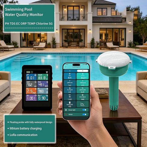 Smart Pool Water Quality Monitor, 24/7 Automatic Tester, 8-in-1 Digital pH/Chlorine/ORP/Temp/TDS/Salinity/EC/SG Detector with App Control & Custom Alerts for Pools, Hot Tubs, Spas, Aquariums, Ponds in Saudi Arabia
