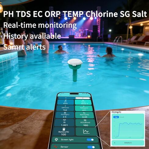 Smart Pool Water Quality Monitor, 24/7 Automatic Tester, 8-in-1 Digital pH/Chlorine/ORP/Temp/TDS/Salinity/EC/SG Detector with App Control & Custom Alerts for Pools, Hot Tubs, Spas, Aquariums, Ponds in Saudi Arabia