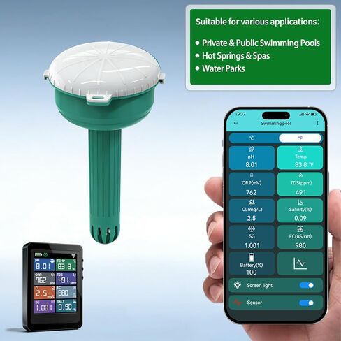 Smart Pool Water Quality Monitor, 24/7 Automatic Tester, 8-in-1 Digital pH/Chlorine/ORP/Temp/TDS/Salinity/EC/SG Detector with App Control & Custom Alerts for Pools, Hot Tubs, Spas, Aquariums, Ponds in Saudi Arabia