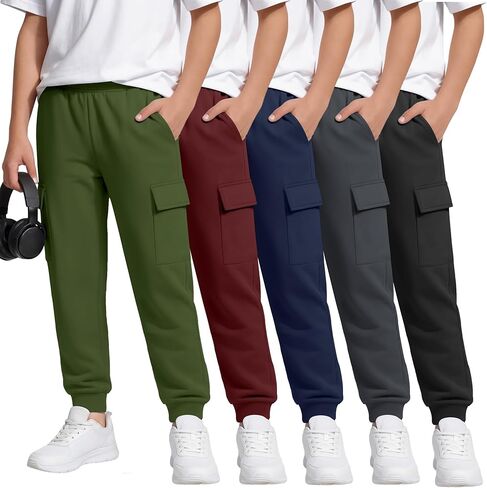 5 Pack Boys Cargo Sweatpants Kids Athletic Joggers Elastic Waist Casual Sport Pants with 4 Pockets 5-14 Years in Saudi Arabia
