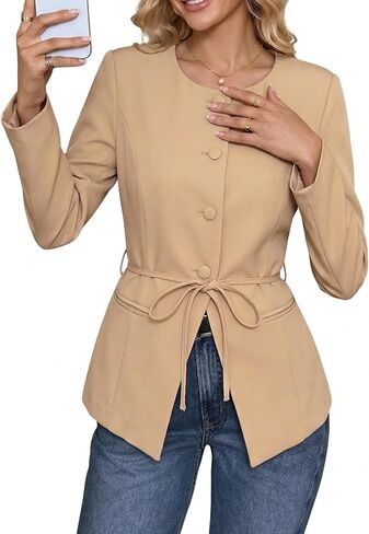 Mina Self 2026 Spring Women's Belt Casual Blazer Jacket - Crew Neck Full-Lined Button Down Split Hem Work Office Pocket in Kuwait