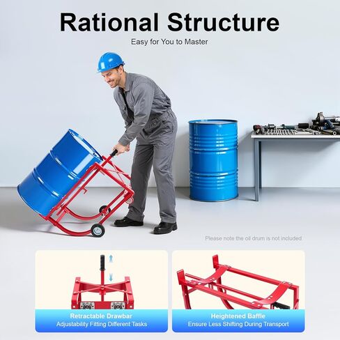 55 Gallon Drum Cradle, 600lbs Capacity Oil Drum Cart Rack with 4 Wheels and Retractable Drawbar, Steel Round Drum Handling Cradle for Workshops, Factories, Warehouses in Saudi Arabia