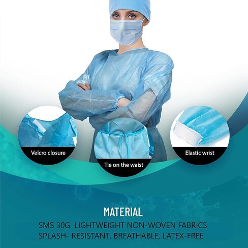 أثواب عزل للاستعمال مرة واحدة من MEDICAL NATION - 10 عبوات من أثواب معدات الحماية الشخصية من المستوى 2 يمكن التخلص منها - طول الركبة باللون الأزرق، غير منسوج، للأسنان، أثواب طبية - مقاومة للسوائل وخالية من اللاتكس، مقاس عالمي in Kuwait