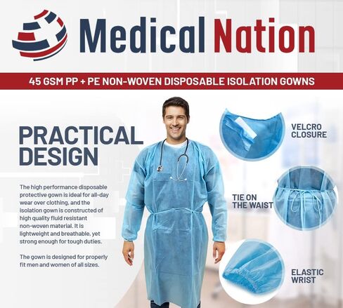 أثواب عزل للاستعمال مرة واحدة من MEDICAL NATION - 10 عبوات من أثواب معدات الحماية الشخصية من المستوى 2 يمكن التخلص منها - طول الركبة باللون الأزرق، غير منسوج، للأسنان، أثواب طبية - مقاومة للسوائل وخالية من اللاتكس، مقاس عالمي in Kuwait