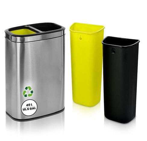 Alpine 40 Liter / 10.5 Gal Slim Dual Trash Can and Recycling Bin - Modern Stainless Steel Double Garbage Can, Two Compartment Trash Can Open Top, Removable Lid & Liners for Kitchen, Office, Bathroom in Saudi Arabia