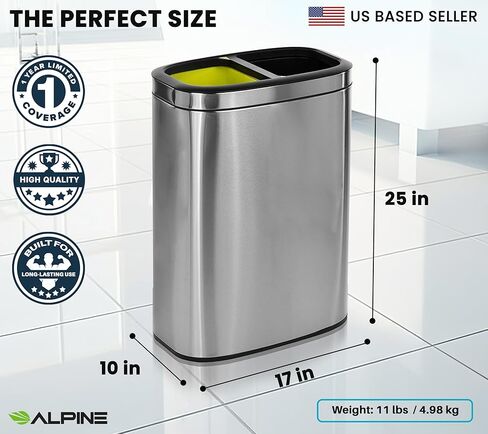 Alpine 40 Liter / 10.5 Gal Slim Dual Trash Can and Recycling Bin - Modern Stainless Steel Double Garbage Can, Two Compartment Trash Can Open Top, Removable Lid & Liners for Kitchen, Office, Bathroom in Saudi Arabia