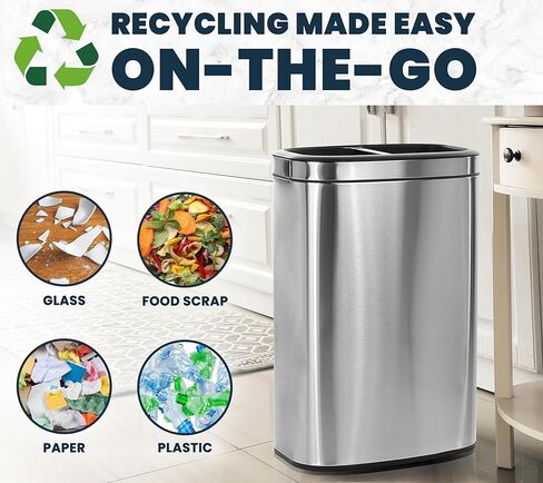 Alpine 40 Liter / 10.5 Gal Slim Dual Trash Can and Recycling Bin - Modern Stainless Steel Double Garbage Can, Two Compartment Trash Can Open Top, Removable Lid & Liners for Kitchen, Office, Bathroom in Saudi Arabia