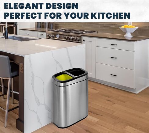 Alpine 40 Liter / 10.5 Gal Slim Dual Trash Can and Recycling Bin - Modern Stainless Steel Double Garbage Can, Two Compartment Trash Can Open Top, Removable Lid & Liners for Kitchen, Office, Bathroom in Saudi Arabia