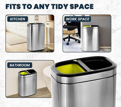 Alpine 40 Liter / 10.5 Gal Slim Dual Trash Can and Recycling Bin - Modern Stainless Steel Double Garbage Can, Two Compartment Trash Can Open Top, Removable Lid & Liners for Kitchen, Office, Bathroom in Saudi Arabia