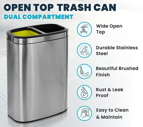 Alpine 40 Liter / 10.5 Gal Slim Dual Trash Can and Recycling Bin - Modern Stainless Steel Double Garbage Can, Two Compartment Trash Can Open Top, Removable Lid & Liners for Kitchen, Office, Bathroom in Saudi Arabia