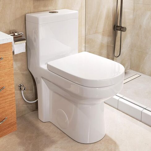 HOROW HWMT-8733 مرحاض صغير الحجم قطعة واحدة للحمام، مرحاض حديث قوي وهادئ مزدوج التدفق، مرحاض خشن مقاس 12 بوصة ومقعد إغلاق ناعم، 25 بوصة عمق × 13.4 بوصة عرض × 28.4 بوصة ارتفاع، أبيض in Kuwait