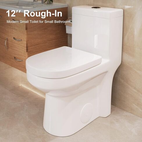 HOROW HWMT-8733 مرحاض صغير الحجم قطعة واحدة للحمام، مرحاض حديث قوي وهادئ مزدوج التدفق، مرحاض خشن مقاس 12 بوصة ومقعد إغلاق ناعم، 25 بوصة عمق × 13.4 بوصة عرض × 28.4 بوصة ارتفاع، أبيض in Kuwait