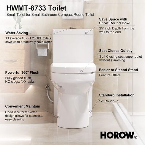 HOROW HWMT-8733 مرحاض صغير الحجم قطعة واحدة للحمام، مرحاض حديث قوي وهادئ مزدوج التدفق، مرحاض خشن مقاس 12 بوصة ومقعد إغلاق ناعم، 25 بوصة عمق × 13.4 بوصة عرض × 28.4 بوصة ارتفاع، أبيض in Kuwait