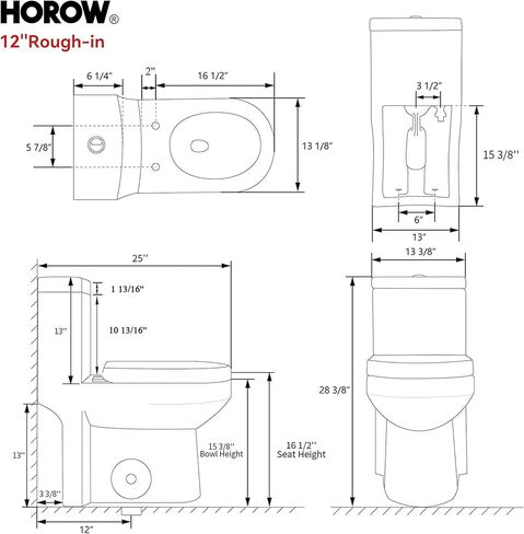 HOROW HWMT-8733 مرحاض صغير الحجم قطعة واحدة للحمام، مرحاض حديث قوي وهادئ مزدوج التدفق، مرحاض خشن مقاس 12 بوصة ومقعد إغلاق ناعم، 25 بوصة عمق × 13.4 بوصة عرض × 28.4 بوصة ارتفاع، أبيض in Kuwait