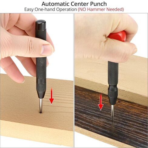 QWORK Automatic Center Punch Set, Adjustable Spring Loaded Metal Marking Tool with Extra Replacement Tip S2 Steel Center Hole Punch for Wood Metal Plastic Glass and Emergency Window Breaking in Saudi Arabia