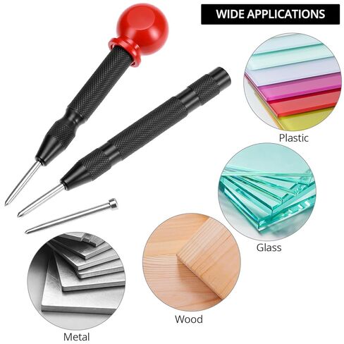 QWORK Automatic Center Punch Set, Adjustable Spring Loaded Metal Marking Tool with Extra Replacement Tip S2 Steel Center Hole Punch for Wood Metal Plastic Glass and Emergency Window Breaking in Saudi Arabia