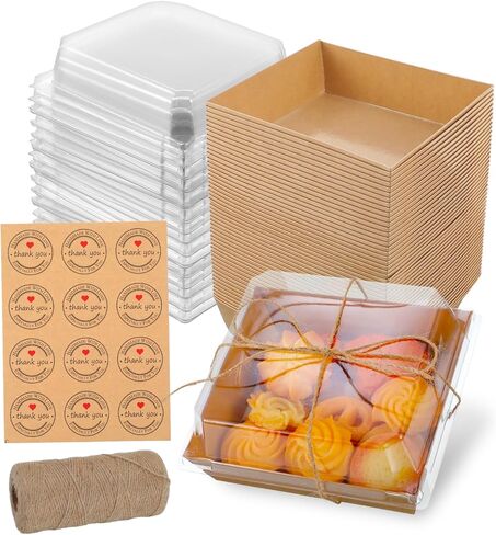 Grevosea 50 Pack Square Charcuterie Boxes with Clear Lids, To Go Paper Mini Charcuterie Box, Disposable Food Containers for Sandwich Cookie Sushi Cake Slice and Strawberries Brown in Saudi Arabia