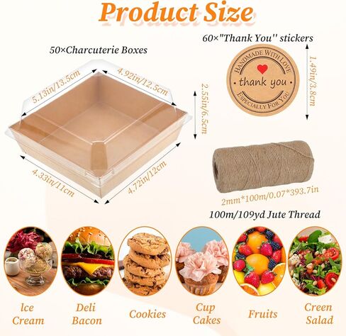 Grevosea 50 Pack Square Charcuterie Boxes with Clear Lids, To Go Paper Mini Charcuterie Box, Disposable Food Containers for Sandwich Cookie Sushi Cake Slice and Strawberries Brown in Saudi Arabia