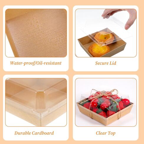 Grevosea 50 Pack Square Charcuterie Boxes with Clear Lids, To Go Paper Mini Charcuterie Box, Disposable Food Containers for Sandwich Cookie Sushi Cake Slice and Strawberries Brown in Saudi Arabia