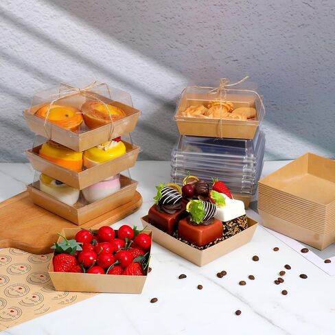 Grevosea 50 Pack Square Charcuterie Boxes with Clear Lids, To Go Paper Mini Charcuterie Box, Disposable Food Containers for Sandwich Cookie Sushi Cake Slice and Strawberries Brown in Saudi Arabia