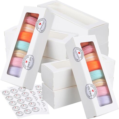 100 عبوة من صناديق الماكارون البيضاء مع نافذة شفافة، وصناديق المعجنات مع 100 قطعة من الملصقات، وتغليف 6-10 ماكارون، وملفات تعريف الارتباط، والكمأة، وهدايا الزفاف DIY، مقاس 8 × 3 × 2 بوصة in Kuwait