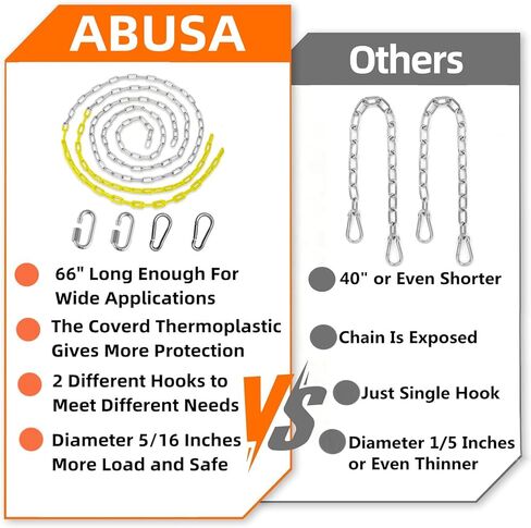 ABUSA 2Pcs 66" Swing Chains with 4Pcs Quick Connection Hooks, Heavy Duty Swing Hanging Chain Kit for Indoor Outdoor Playground Equipment,Swing Set,Boxing Bag and More, 1000 lb Capacity（SC006） in Saudi Arabia