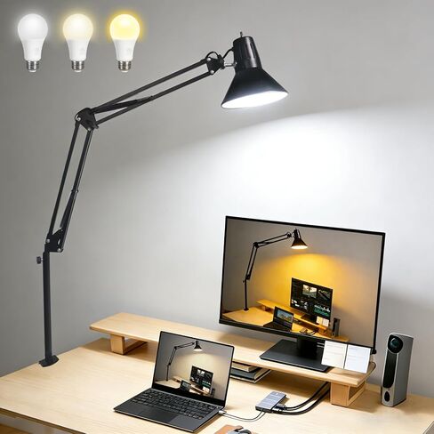 Desk Lamp With Clamp for Home Office, Eye-Caring Clip on Light with Adjustable Extra Tall Metal Swing Arm, High Intensity Clamp Lamp w/LED Bulb, Architect Task Table Lamps for Study, Workbench-B/5000k in Saudi Arabia