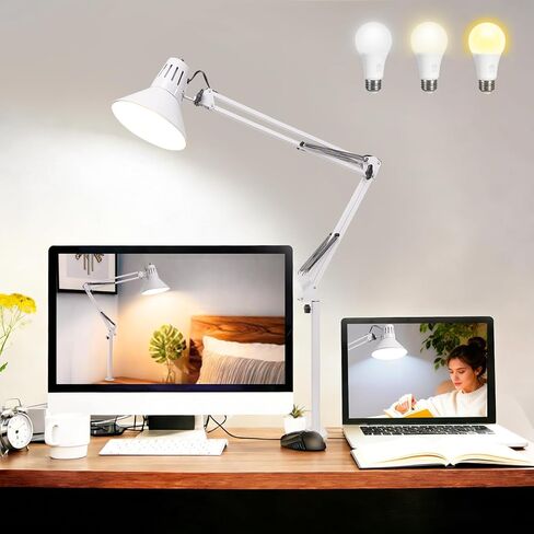 Desk Lamp With Clamp for Home Office, Eye-Caring Clip on Light with Adjustable Extra Tall Metal Swing Arm, High Intensity Clamp Lamp w/LED Bulb, Architect Task Table Lamps for Study, Workbench-B/5000k in Saudi Arabia