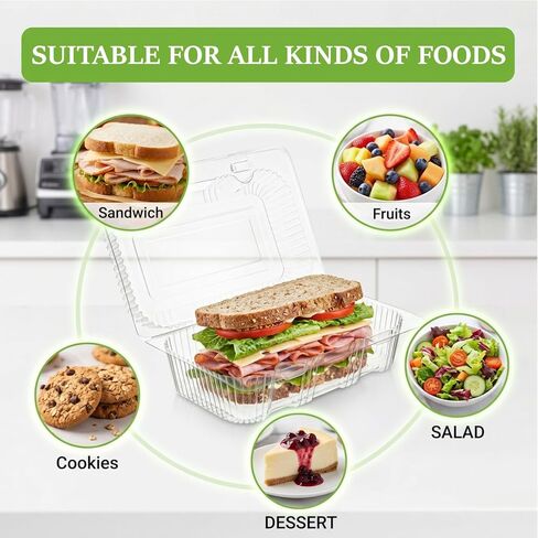 Peohud 100 Pcs Disposable Plastic Hinged Food Containers, Clear Clamshell Take Out Loaf Containers with Lids for Cake, Slice, Salad, Sandwich, Pastry, Cookie, 7.4 x 4.9 x 2.6 Inches in Saudi Arabia