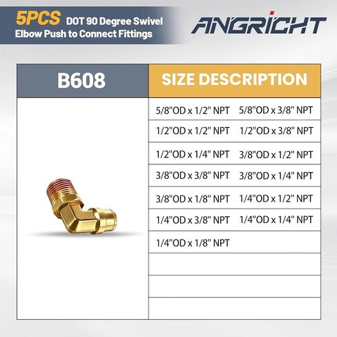 90 Degree Swivel Elbow Push to Connect Fittings,Brass Air Line Connector (Pack of 5) – DOT Air Brake Line Quick Fittings for Truck and Pneumatic System (1/4"OD x 1/2" NPT) in Saudi Arabia